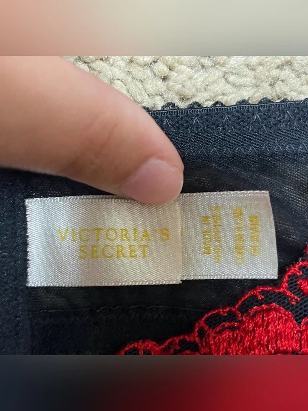 Vintage Victoria Secret red rose embroidered black mesh bralette